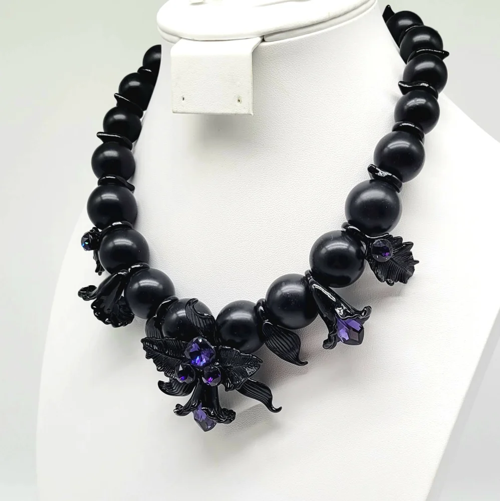 SOLD-Givenchy Amethyst Swarovski Crystal Dark Black Orchid Statement Necklace - Picture 8 of 12